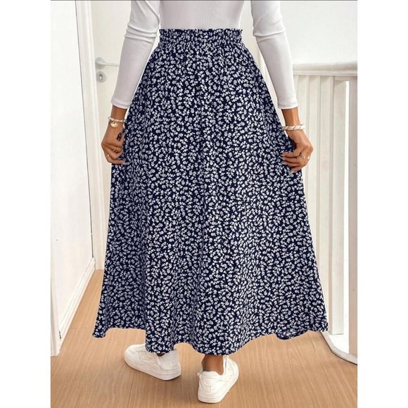 Boho floral print maxi skirt thigh slit navy blue - Picture 2 of 6